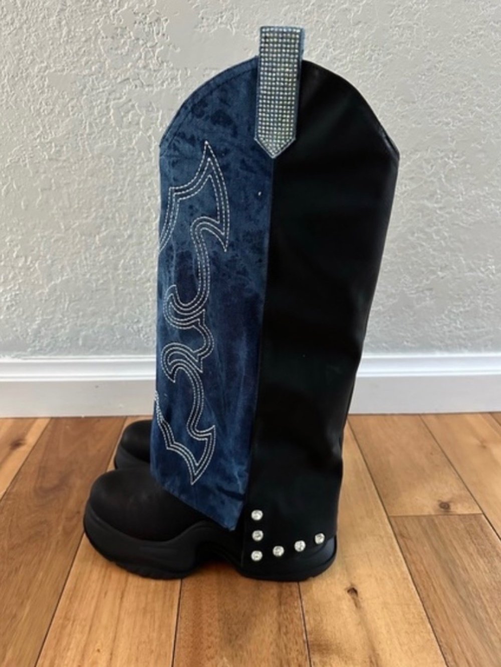 Cape Robbin Knee High Platform Boots – Size 9 (Denim + Black, Rhinestone Detail)